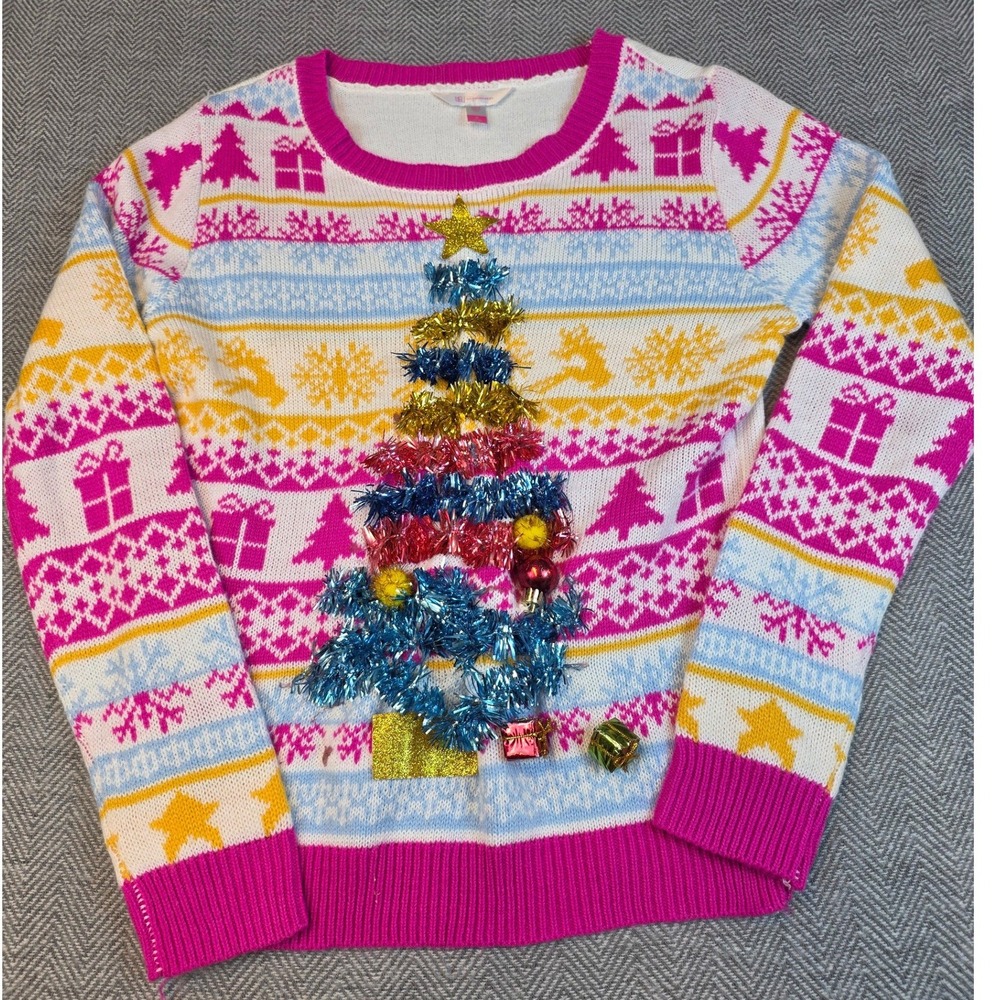 No Boundaries Ugly Christmas Sweater Medium Pink Blue Tinsel 3D Tree Fair Isle